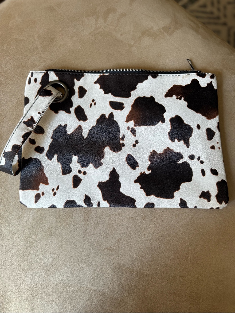 Cow Print Wristlet Clutch - White and Brown